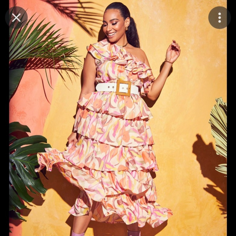 One-Shoulder Ruffle Dress in Pink and Orange